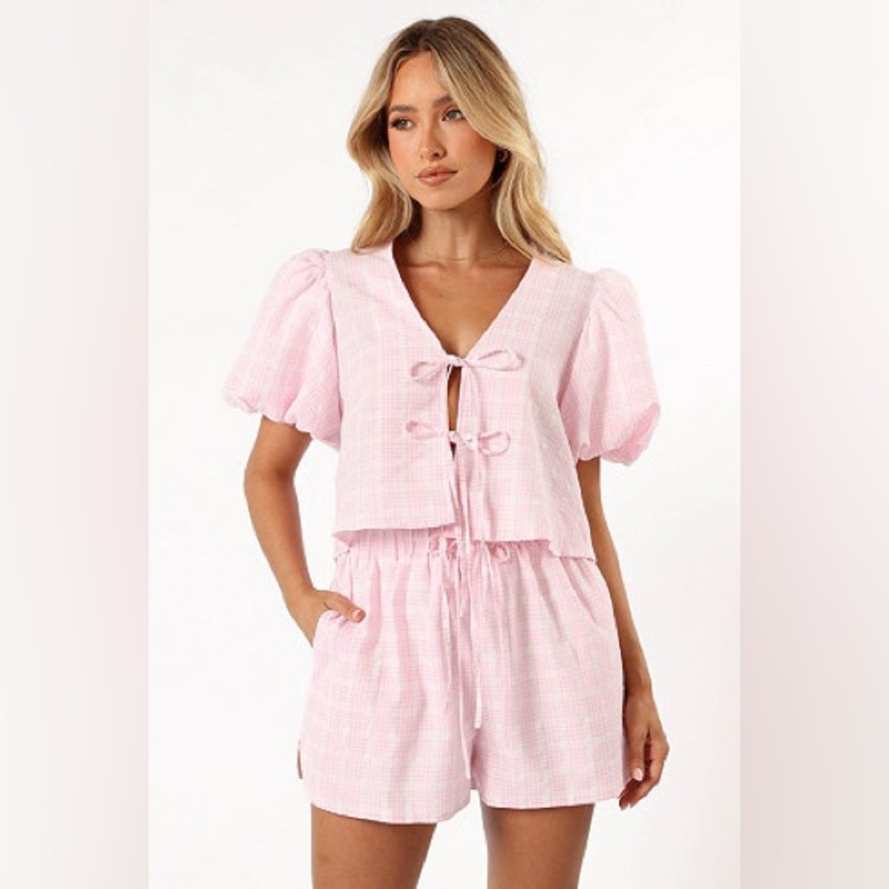 Pink Tie-Front Puff Sleeve Gingham Set